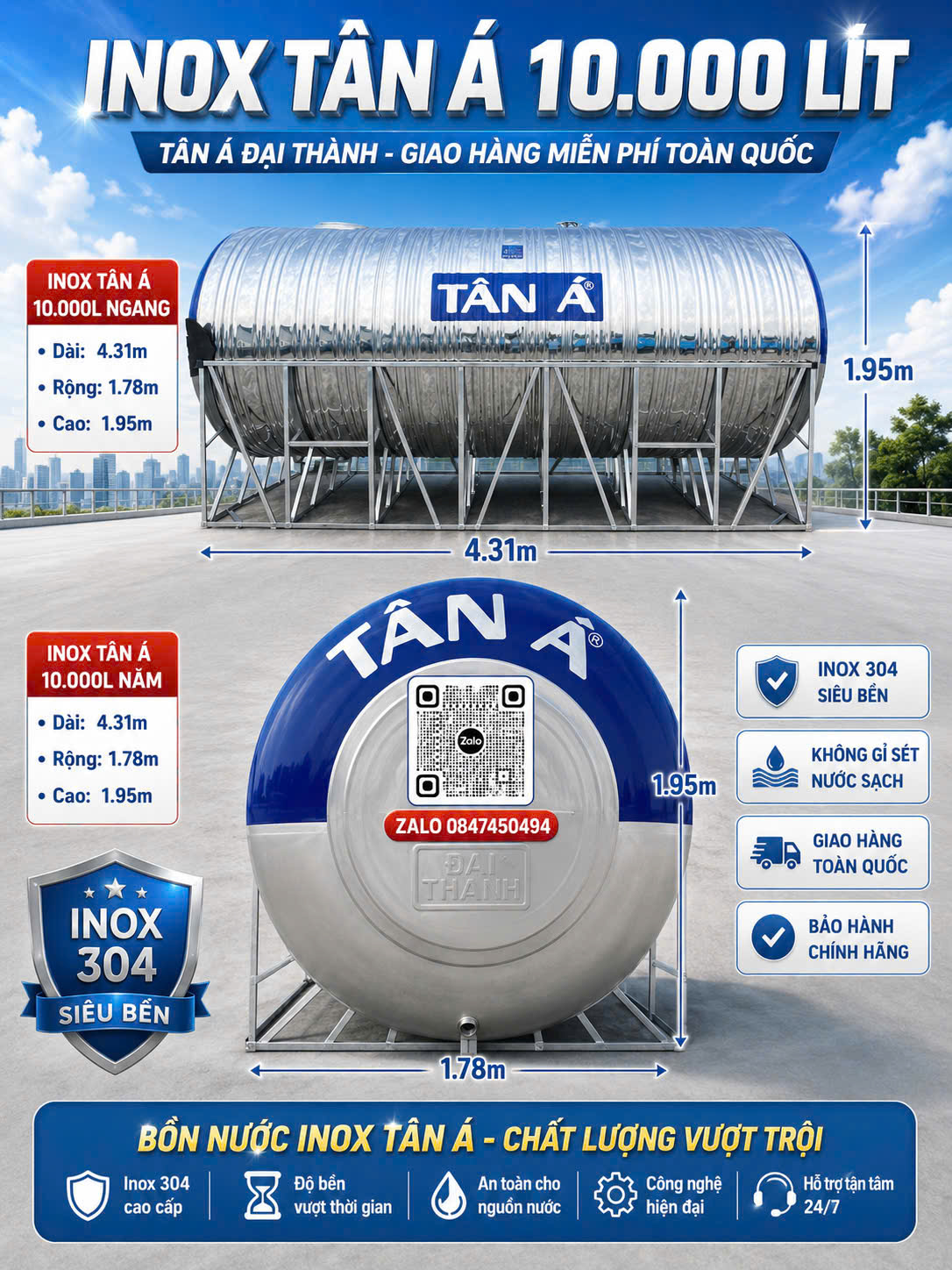 BỒN NƯỚC INOX 10 khối nằm TÂN Á ĐẠI THÀNH 10.000 LÍT NGANG Téc inox công nghiệp lớn 10000L ngang Tân Á Đại Thành giao miễn phí Toàn Quốc App